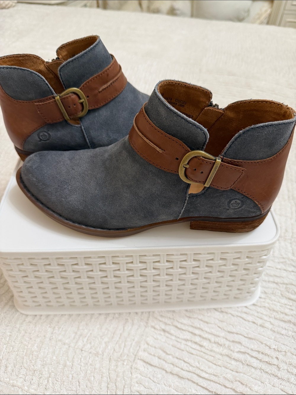 Born Two-Tone Gray Suede and Brown Leather Ankle Bootie with Buckle.